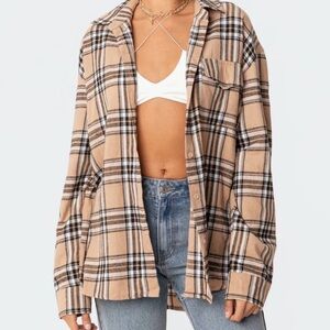 Edikted Brixton Plaid Flannel Button Down Shirt Tan
